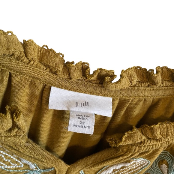 J.Jill Chartreuse Green Yellow Embroidered Bohemian Short Sleeve Top Size 2X - Picture 3 of 5